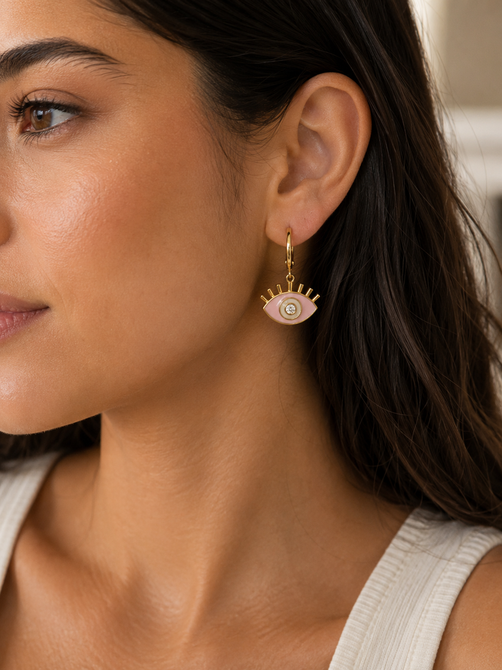 Pink Enamel Evil Eye Crystal Dangler Earrings | MPS & Co.