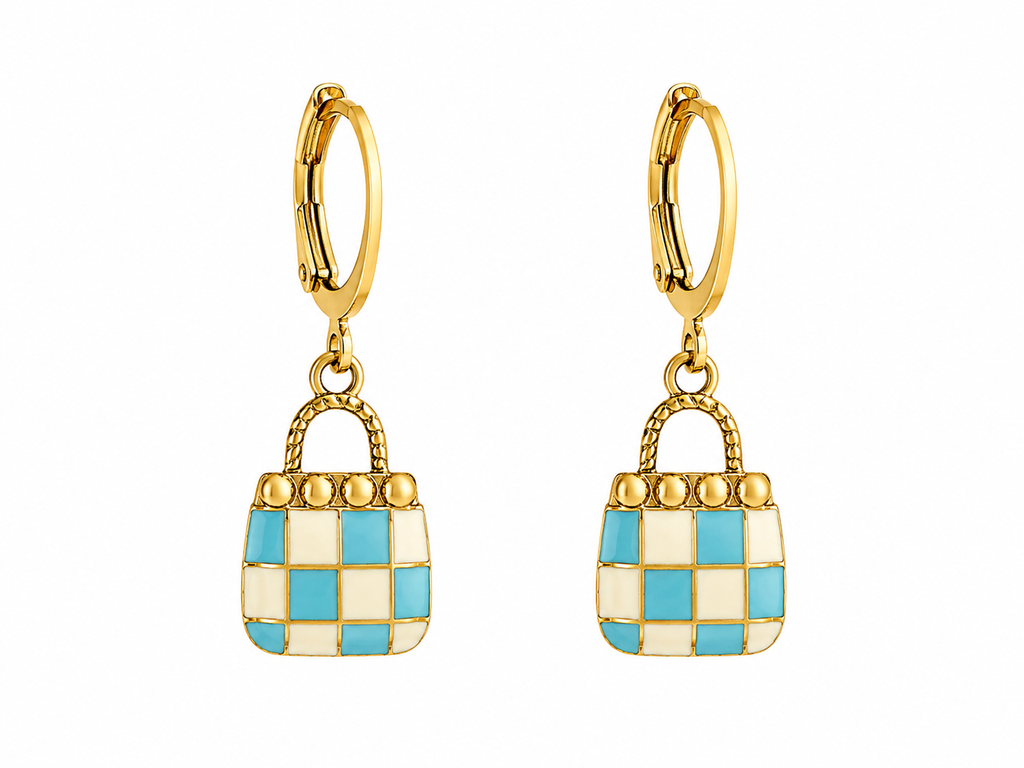 Turquoise Checkered Handbag Charm Dangler Earrings | MPS & Co.