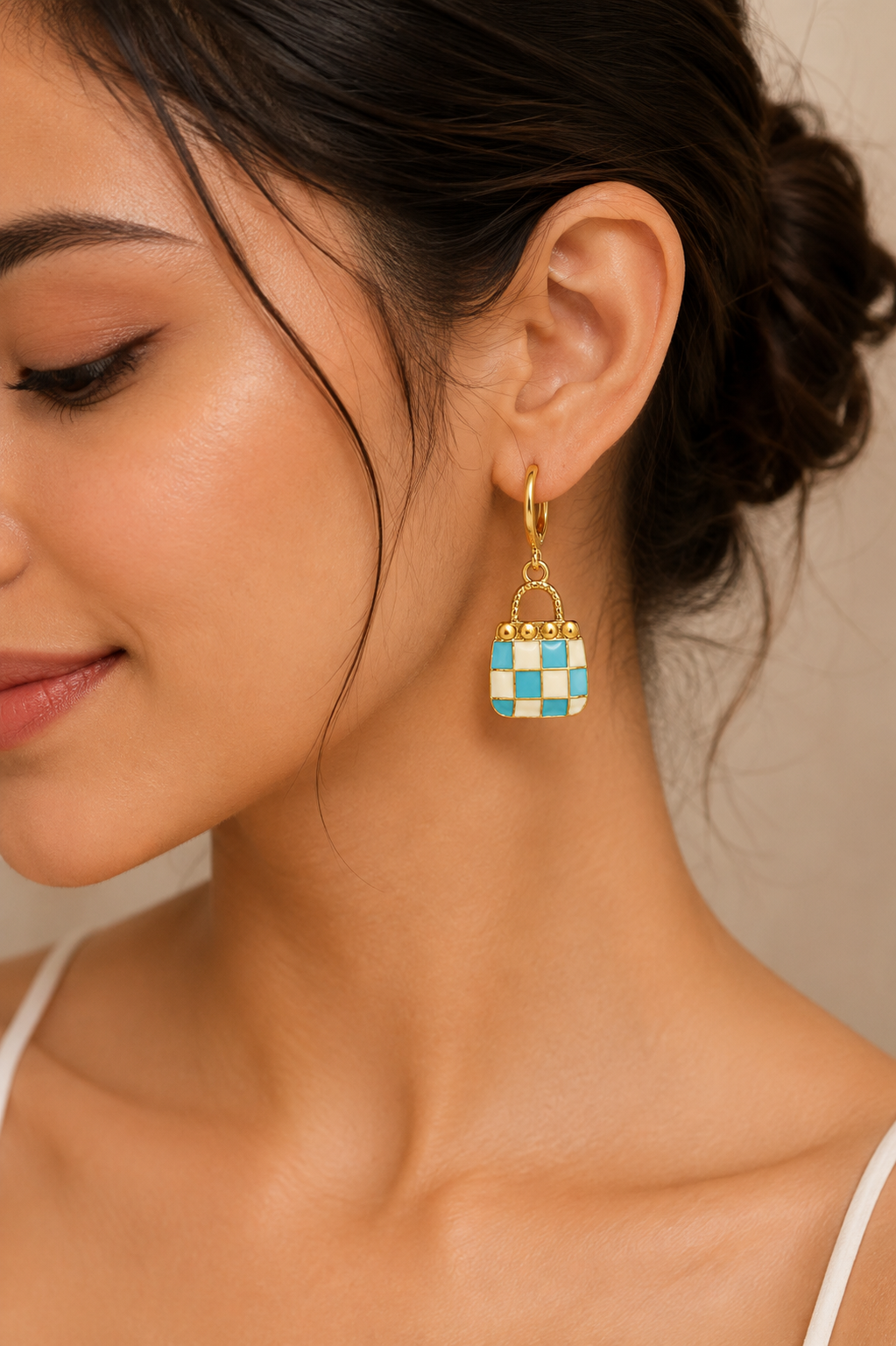 Turquoise Checkered Handbag Charm Dangler Earrings | MPS & Co.