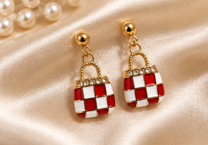Red Checkered Handbag Charm Dangler Earrings | MPS & Co.