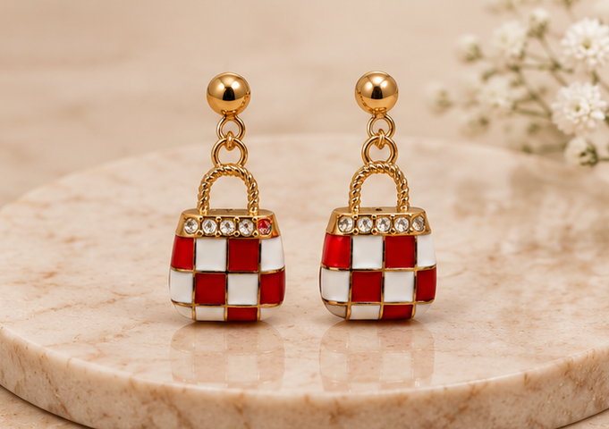Red Checkered Handbag Charm Dangler Earrings | MPS & Co.