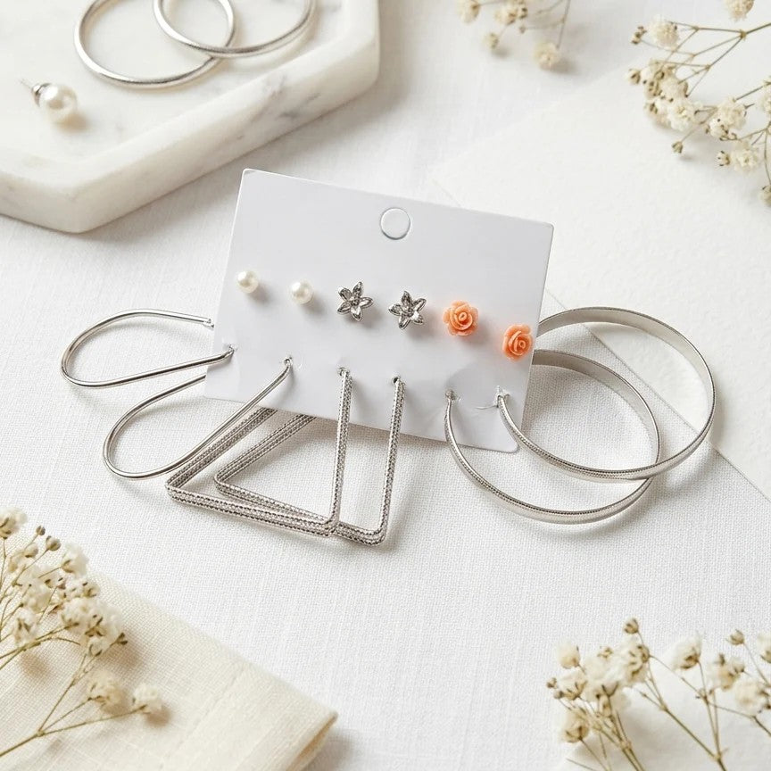 Pair of 6 - Sleek Structural Silver Hoop and Floral Stud Set | MPS & Co.