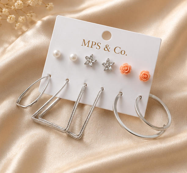 Pair of 6 - Sleek Structural Silver Hoop and Floral Stud Set | MPS & Co.