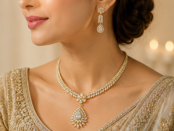 Majestic Leaf & Teardrop Cluster Necklace Set