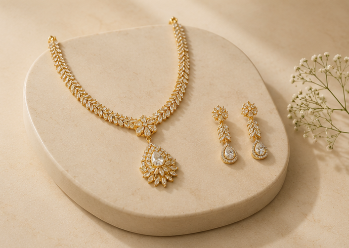 Majestic Leaf & Teardrop Cluster Necklace Set
