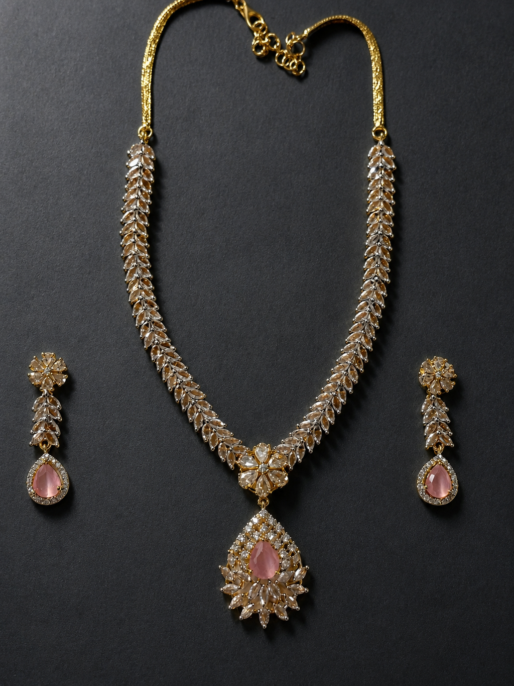 Royal Rose Quartz & Leaf Marquise Necklace Set