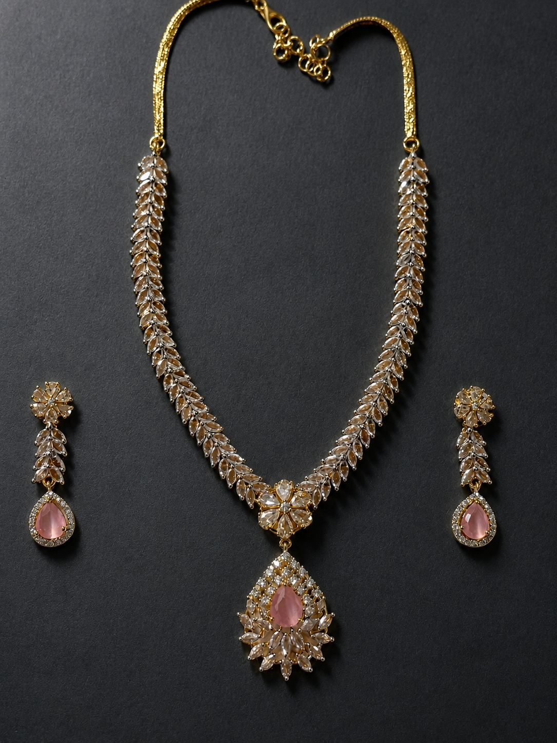 Royal Rose Quartz & Leaf Marquise Necklace Set