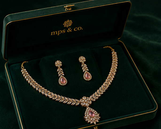 Royal Rose Quartz & Leaf Marquise Necklace Set