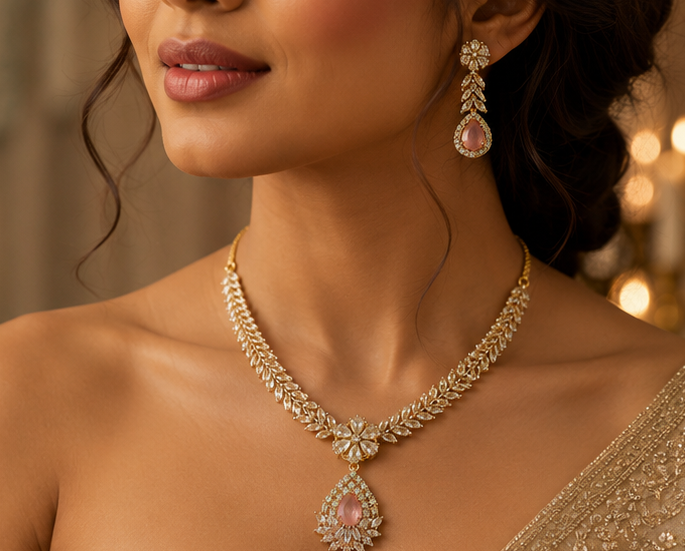 Royal Rose Quartz & Leaf Marquise Necklace Set