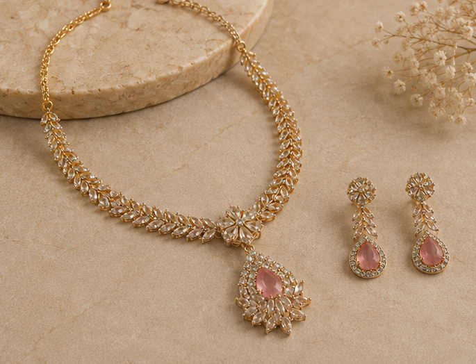 Royal Rose Quartz & Leaf Marquise Necklace Set