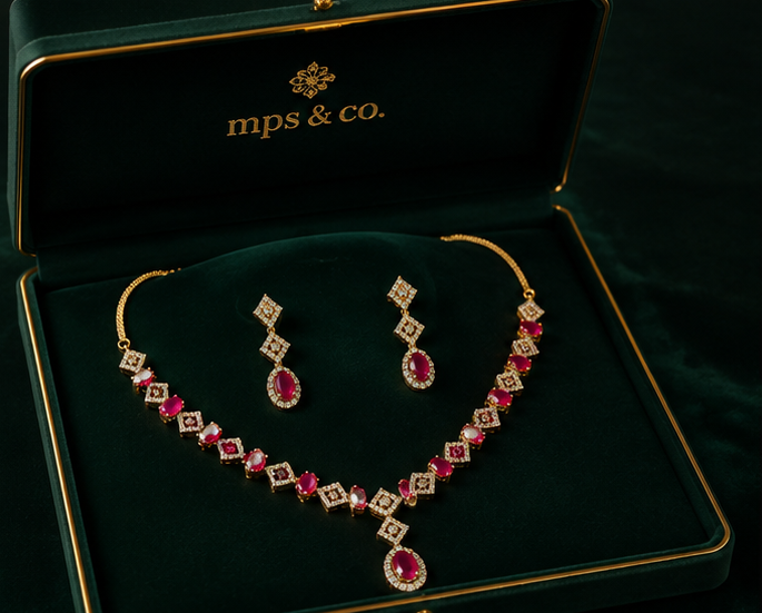 Empress Ruby Geometric Halo Necklace Set