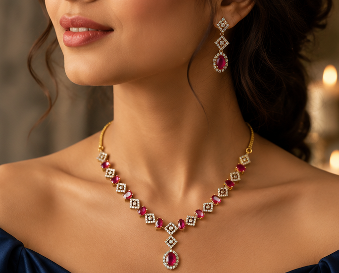 Empress Ruby Geometric Halo Necklace Set