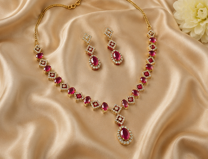 Empress Ruby Geometric Halo Necklace Set