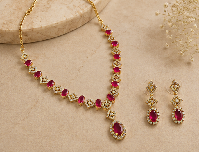 Empress Ruby Geometric Halo Necklace Set