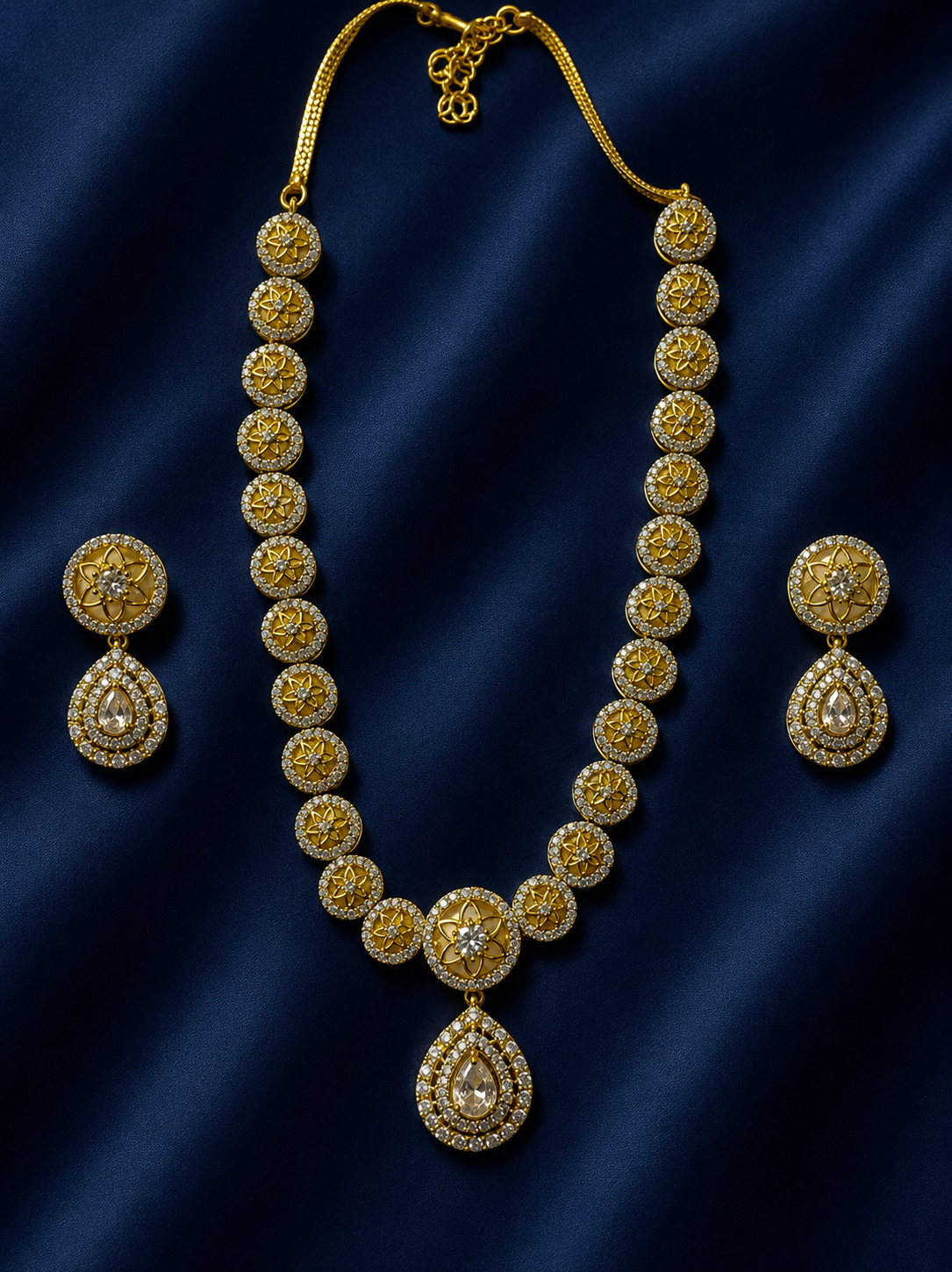 Vintage Medallion Pave Teardrop Necklace Set