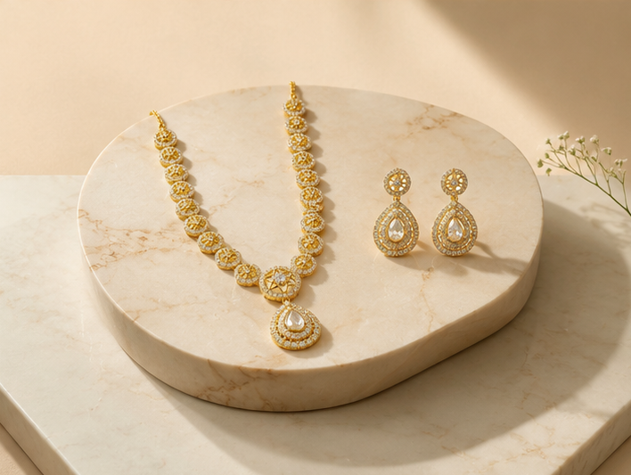Vintage Medallion Pave Teardrop Necklace Set