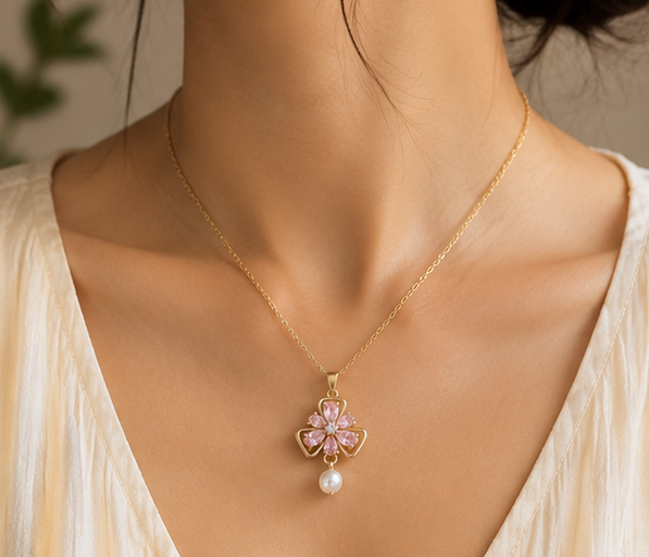 Contemporary Pink Crystal Flower and Pearl Pendant | MPS & Co.