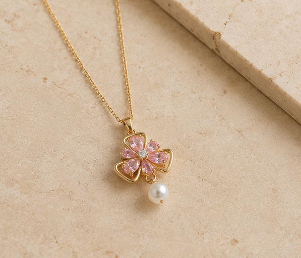 Contemporary Pink Crystal Flower and Pearl Pendant | MPS & Co.