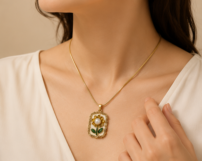 Vintage Enamel Sunflower Pendant Necklace | MPS & Co.