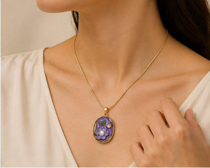 Vintage Oval Purple Flower Pendant Necklace | MPS & Co.