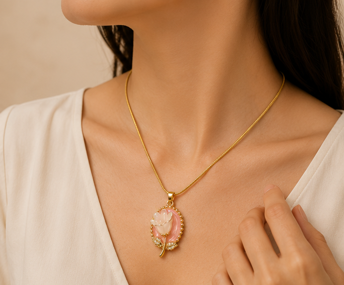 Romantic Pink Tulip Oval Pendant Necklace | MPS & Co.