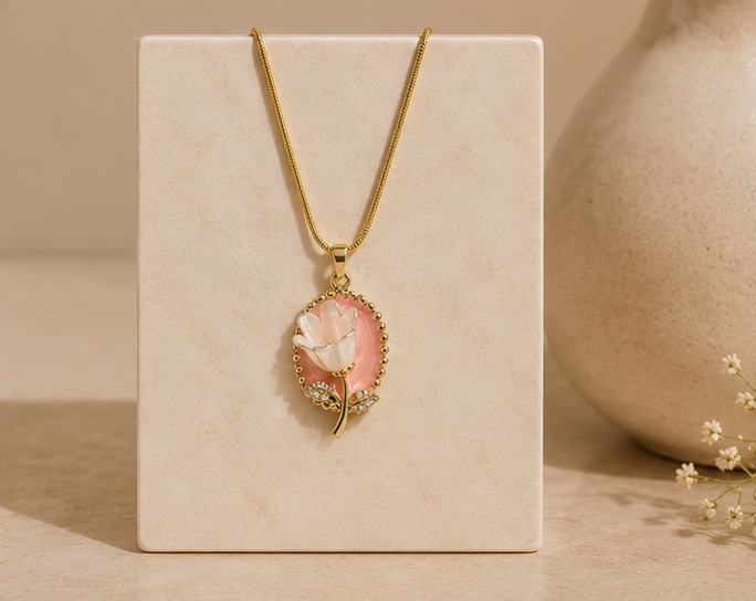 Romantic Pink Tulip Oval Pendant Necklace | MPS & Co.