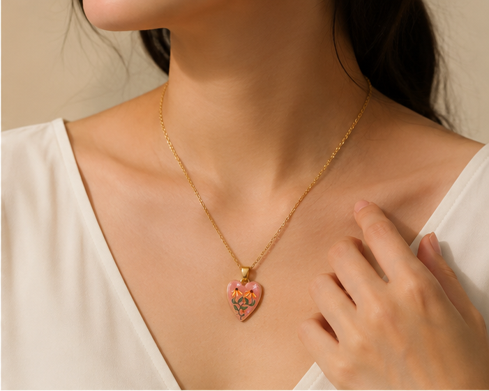 Pink Enamel Botanical Heart Pendant Necklace | MPS & Co.