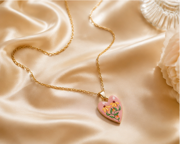 Pink Enamel Botanical Heart Pendant Necklace | MPS & Co.