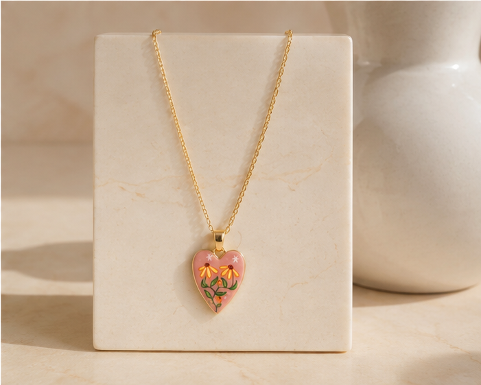 Pink Enamel Botanical Heart Pendant Necklace | MPS & Co.