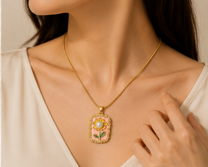 Vintage Pink Sunflower Oval Pendant Necklace | MPS & Co.