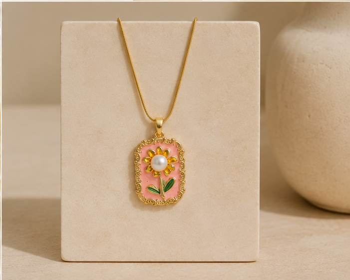 Vintage Pink Sunflower Oval Pendant Necklace | MPS & Co.