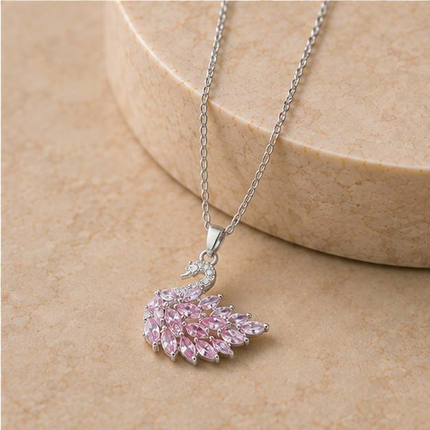 Pink Crystal Feather Swan Pendant Necklace | MPS & Co.