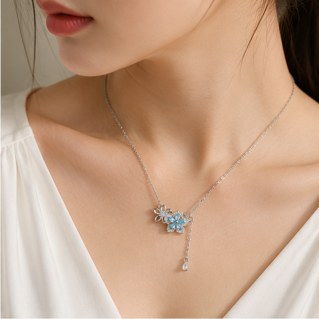 Pastel Blue Floral Drop Charm Necklace | MPS & Co.