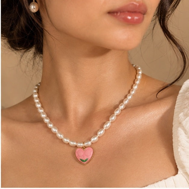 Enamel Tulip Heart Pearl Strand Necklace | MPS & Co.