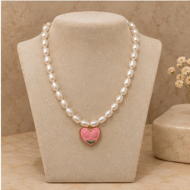Enamel Tulip Heart Pearl Strand Necklace | MPS & Co.