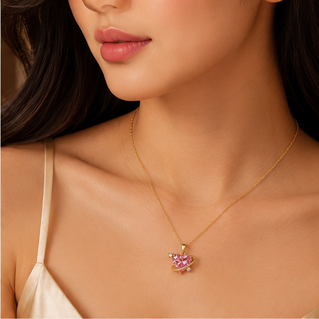 Pink Crystal Cosmic Heart Planet Pendant Necklace | MPS & Co.