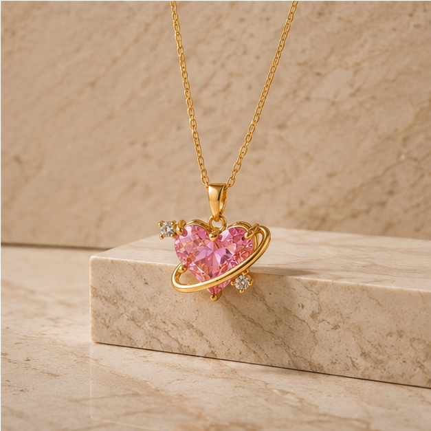 Pink Crystal Cosmic Heart Planet Pendant Necklace | MPS & Co.