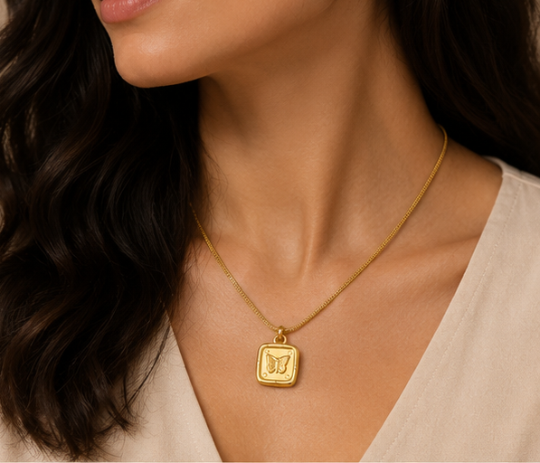 Vintage-Inspired Engraving Butterfly Square Pendant | MPS & Co.