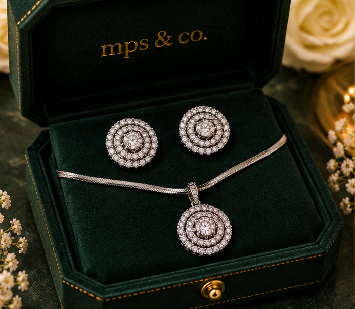 Triple Halo Silver Circlet Pendant Set
