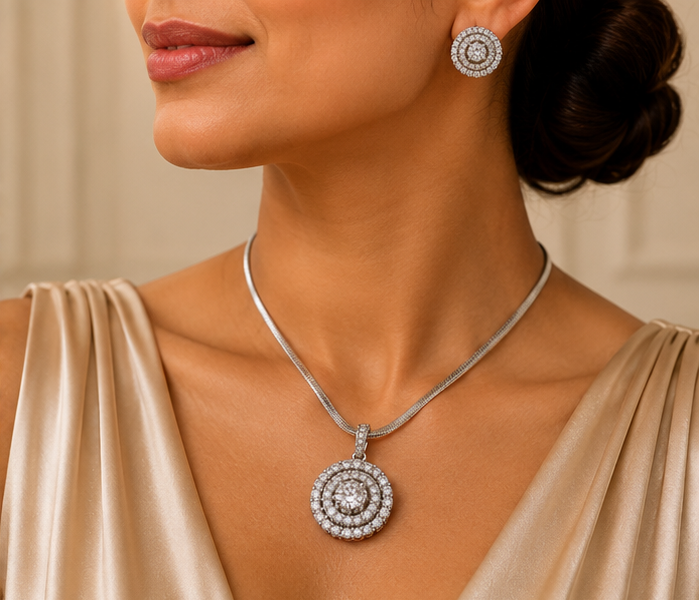 Triple Halo Silver Circlet Pendant Set