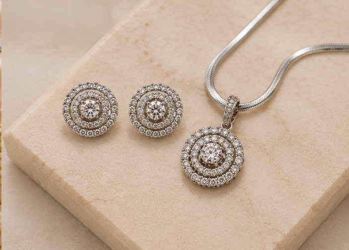 Triple Halo Silver Circlet Pendant Set