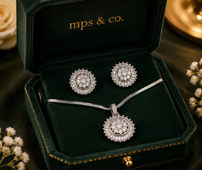 Silver Starburst Sunburst Pendant Set