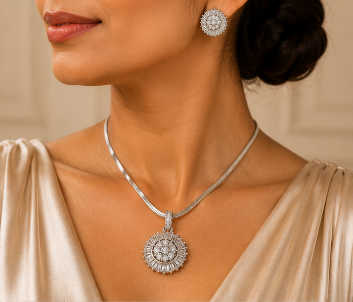 Silver Starburst Sunburst Pendant Set