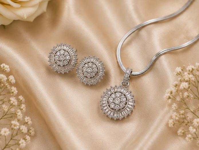 Silver Starburst Sunburst Pendant Set