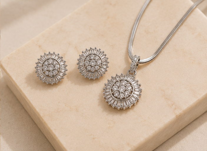Silver Starburst Sunburst Pendant Set