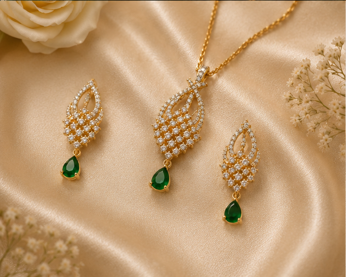 Emerald Drop Lattice Pendant Set