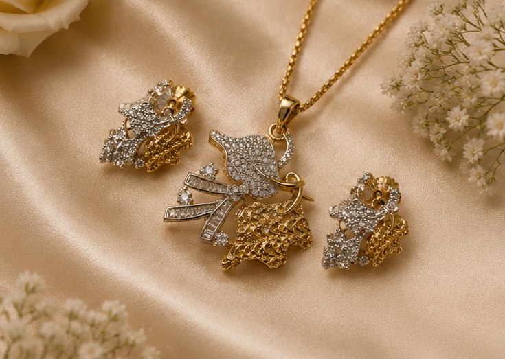 Two-Tone Floral Leaf Pendant Set