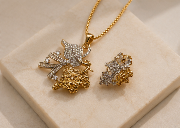 Two-Tone Floral Leaf Pendant Set