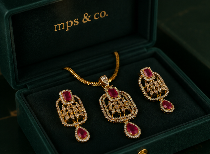 Majestic Cushion Faux Ruby & Crystal Halo Pendant Set