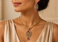 Majestic Cushion Faux Ruby & Crystal Halo Pendant Set